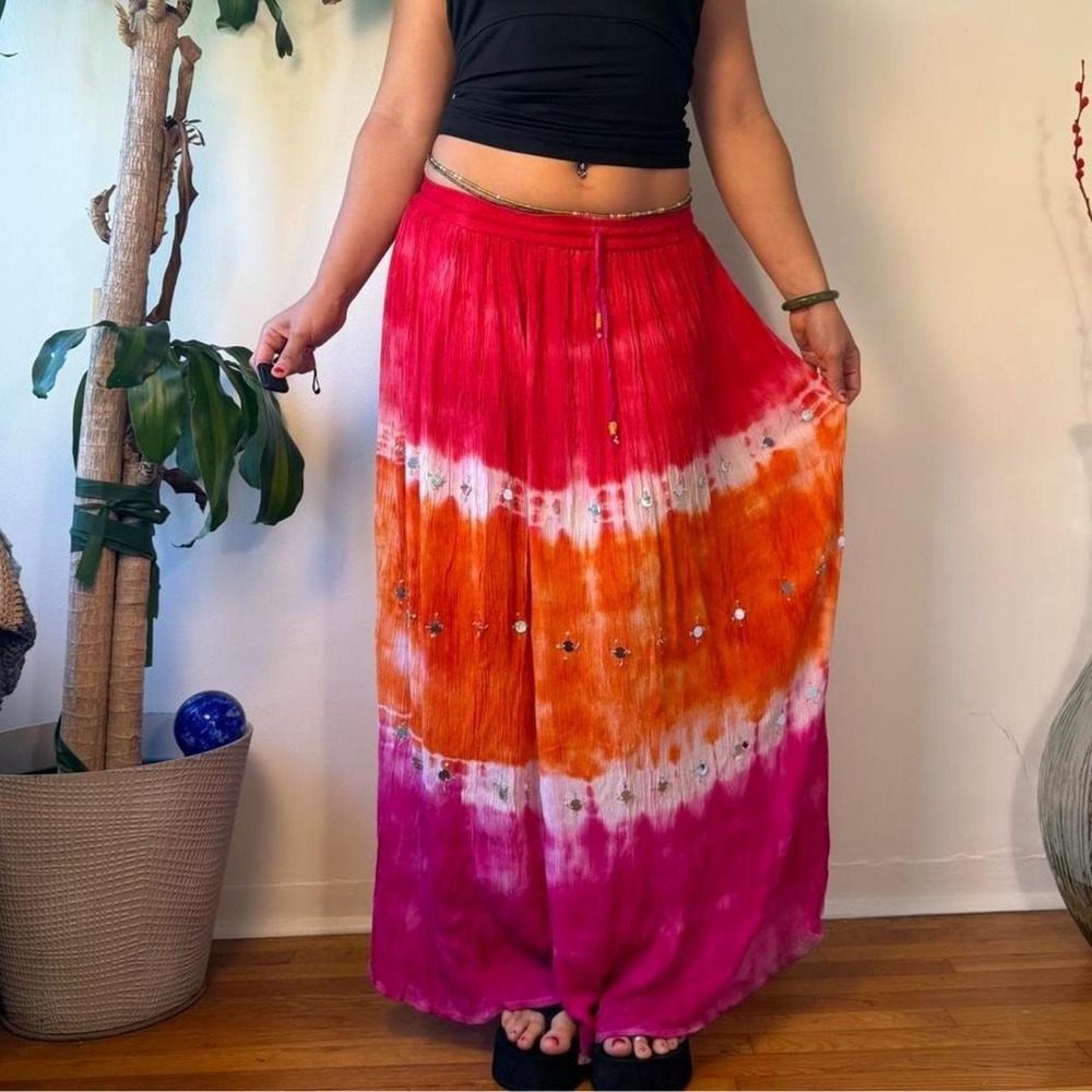 Boho Fairy Coral Pink Tie Dye Beaded Mirror Maxi Skirt Sunset Summer Medium
